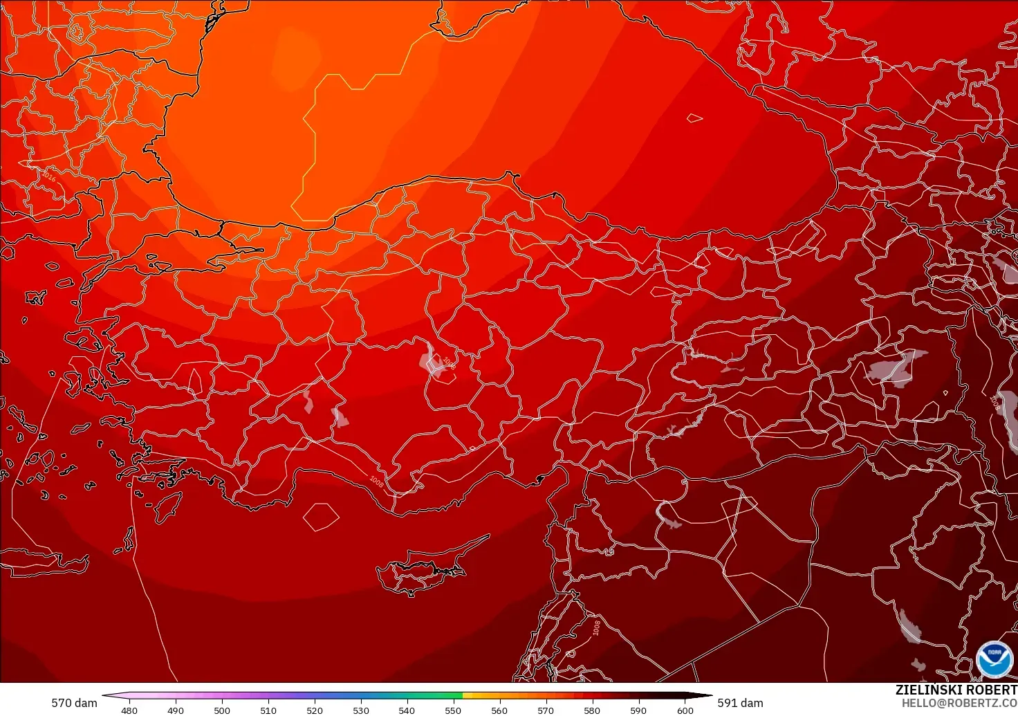 GFS モデル - トルコ, 500hPaのジオポテンシャル高度