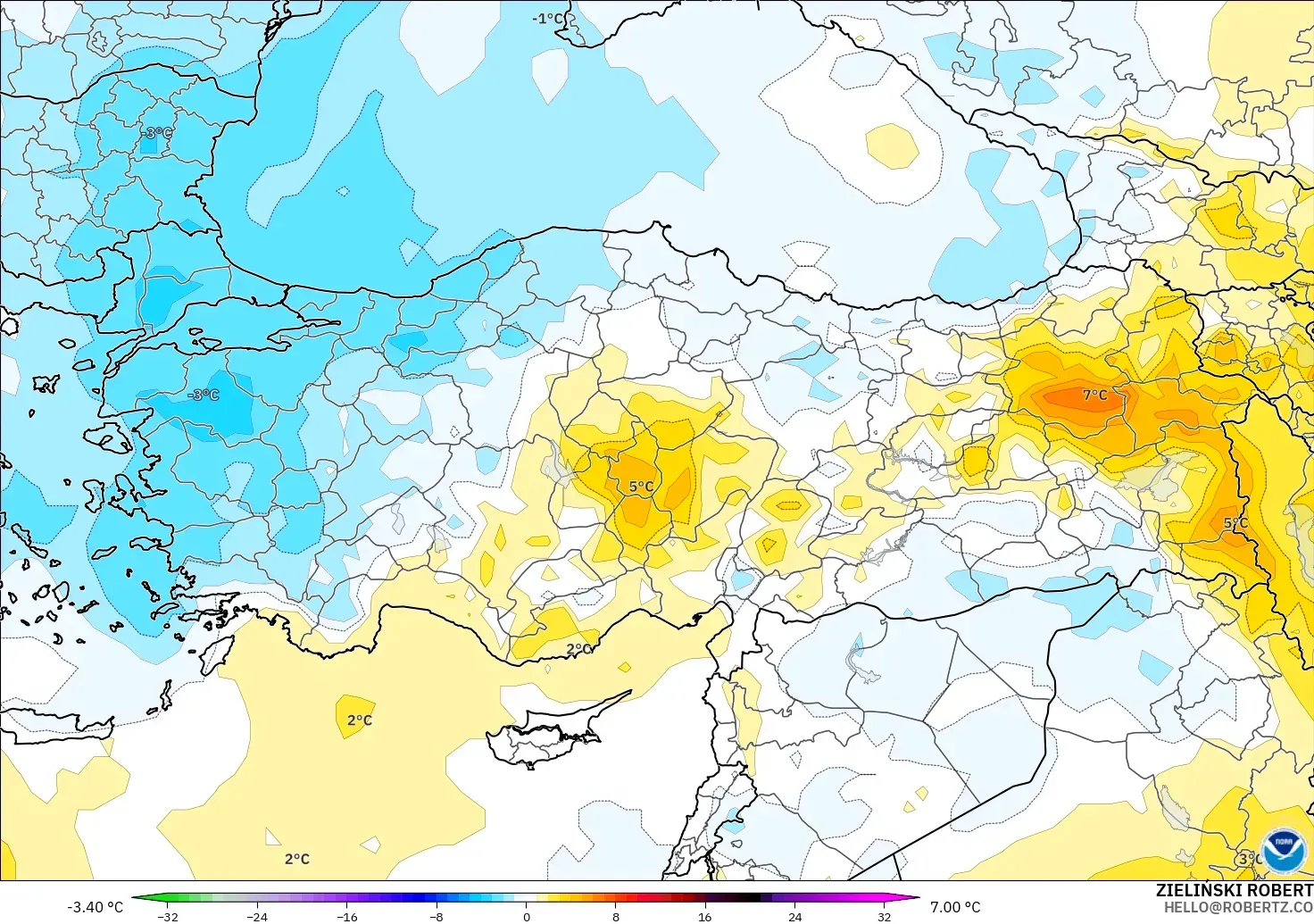 GFS モデル - トルコ, 気温異常（850hPa）