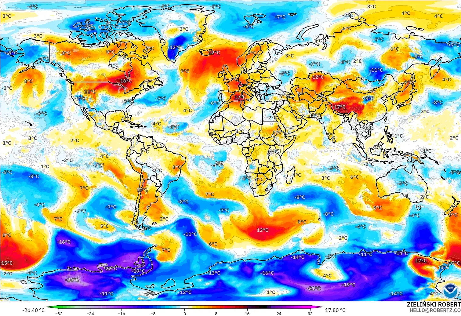 GFS モデル - 世界, 気温異常（850hPa）