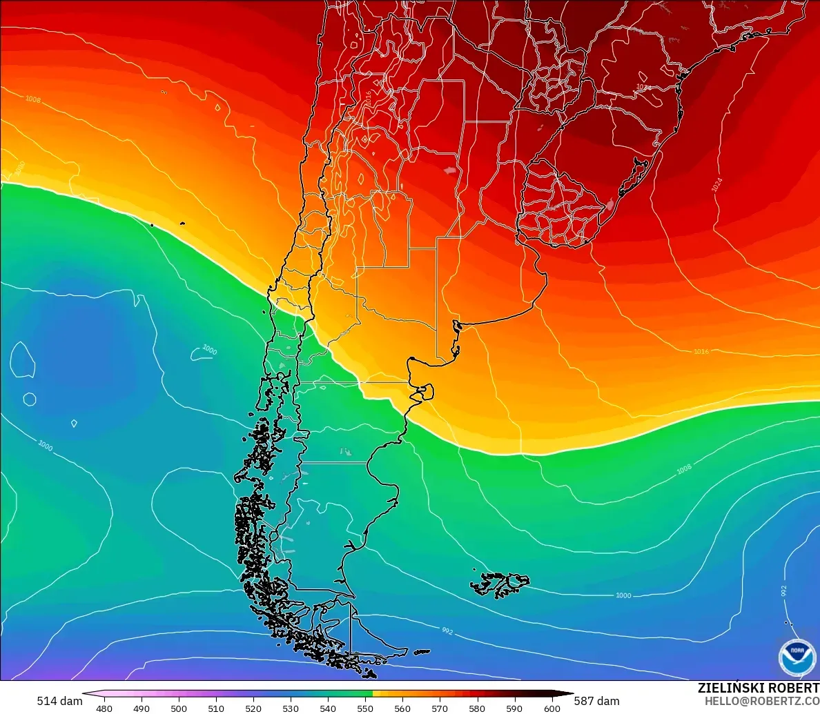 GFS モデル - アルゼンチン, 500hPaのジオポテンシャル高度