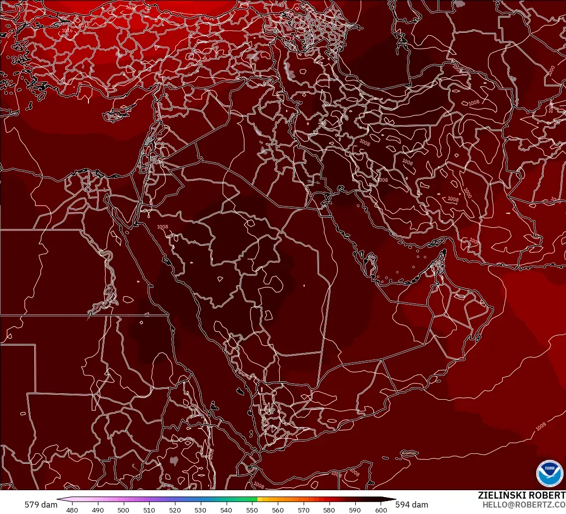 GFS モデル - 中東, 500hPaのジオポテンシャル高度