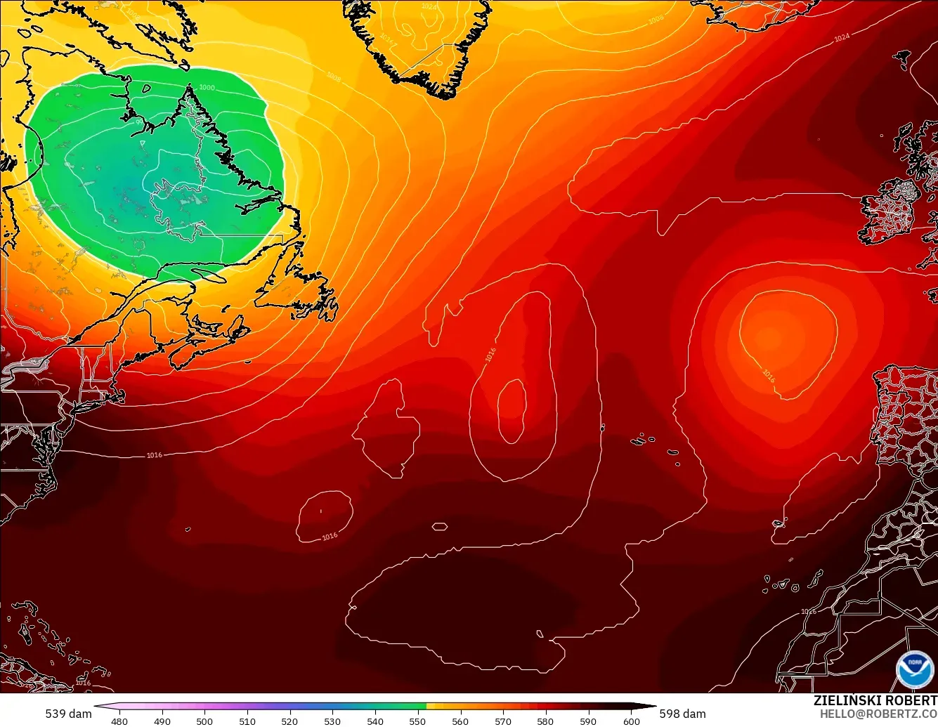 GFS モデル - 北大西洋, 500hPaのジオポテンシャル高度