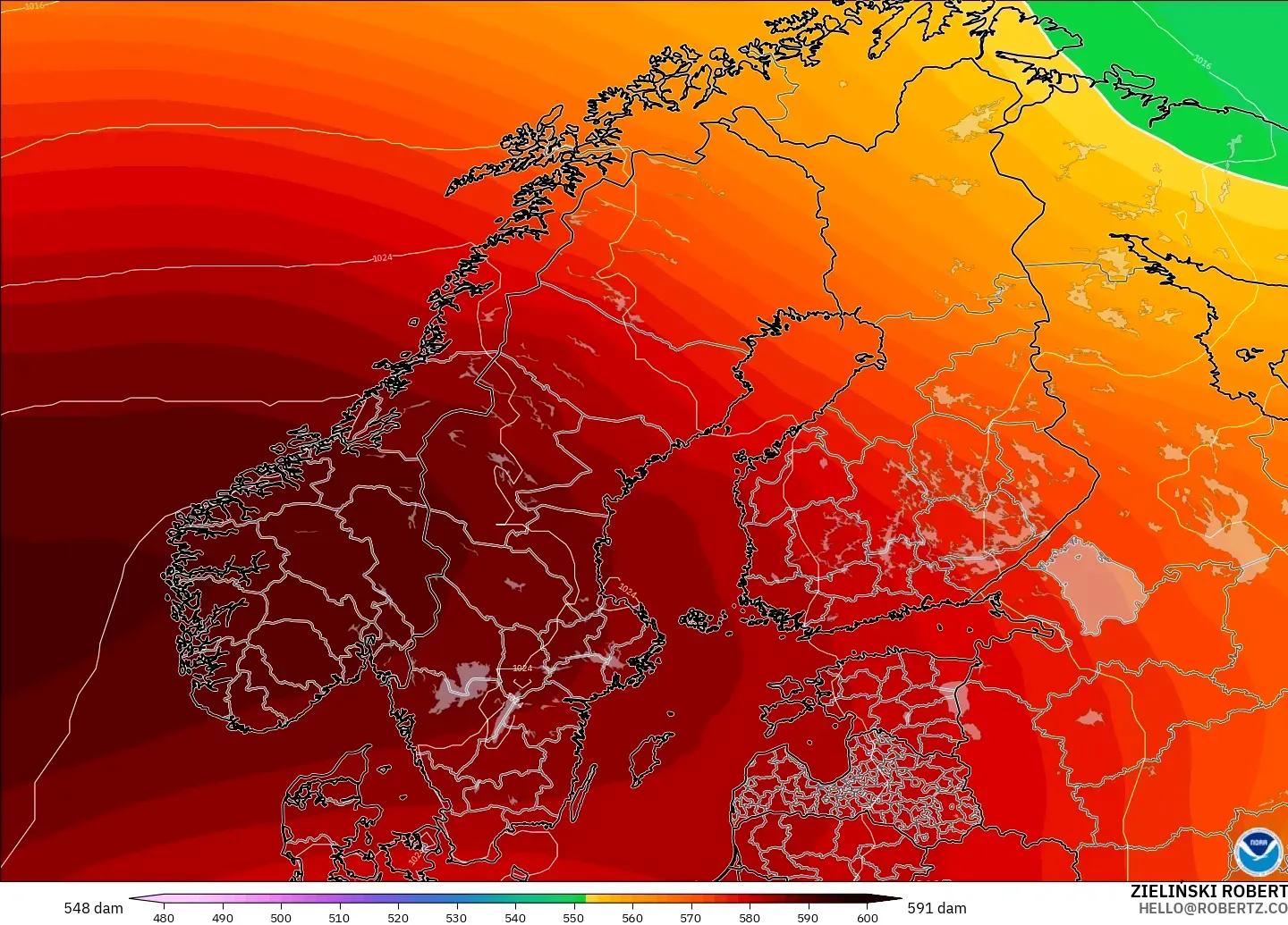 GFS モデル - スカンジナビア, 500hPaのジオポテンシャル高度