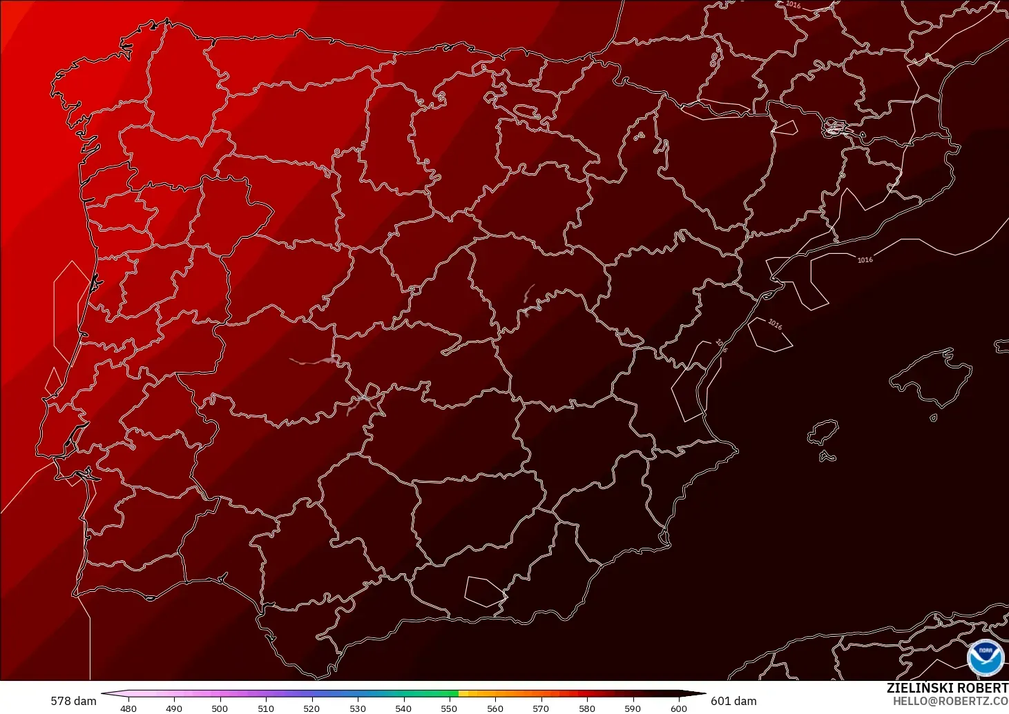 GFS モデル - スペイン, 500hPaのジオポテンシャル高度