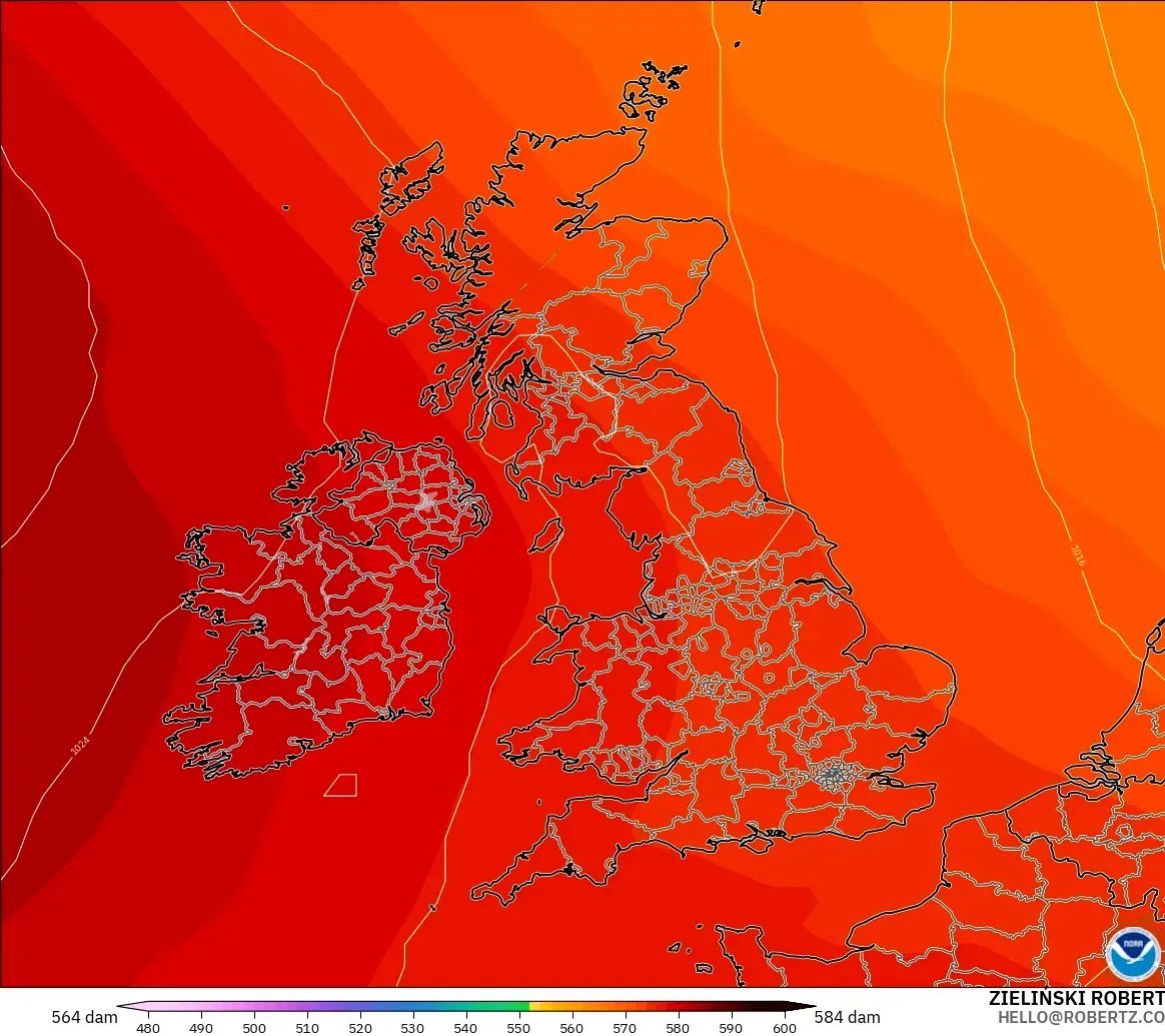GFS モデル - イギリス, 500hPaのジオポテンシャル高度