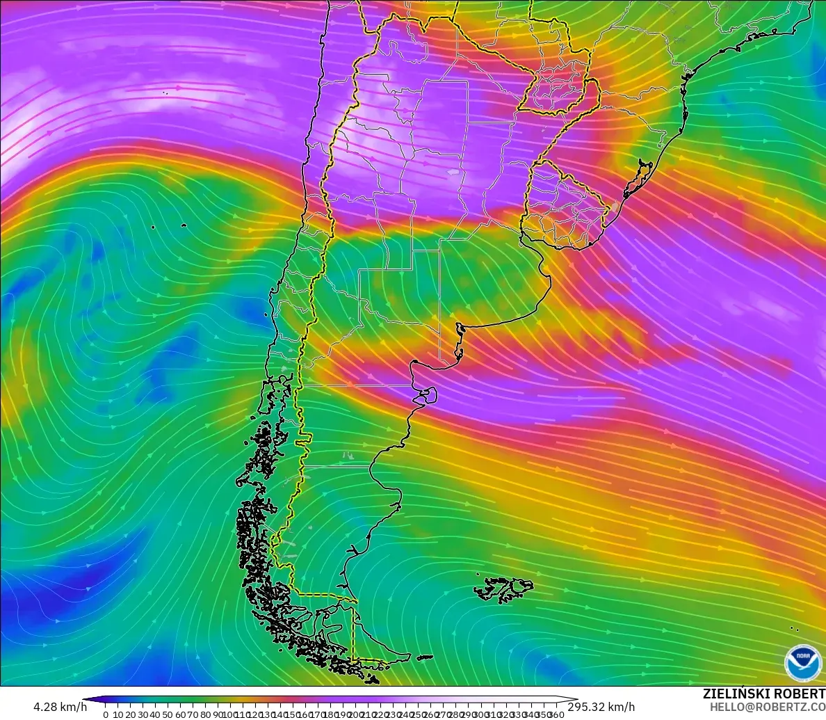 GFS モデル - アルゼンチン, 風速（300hPa）