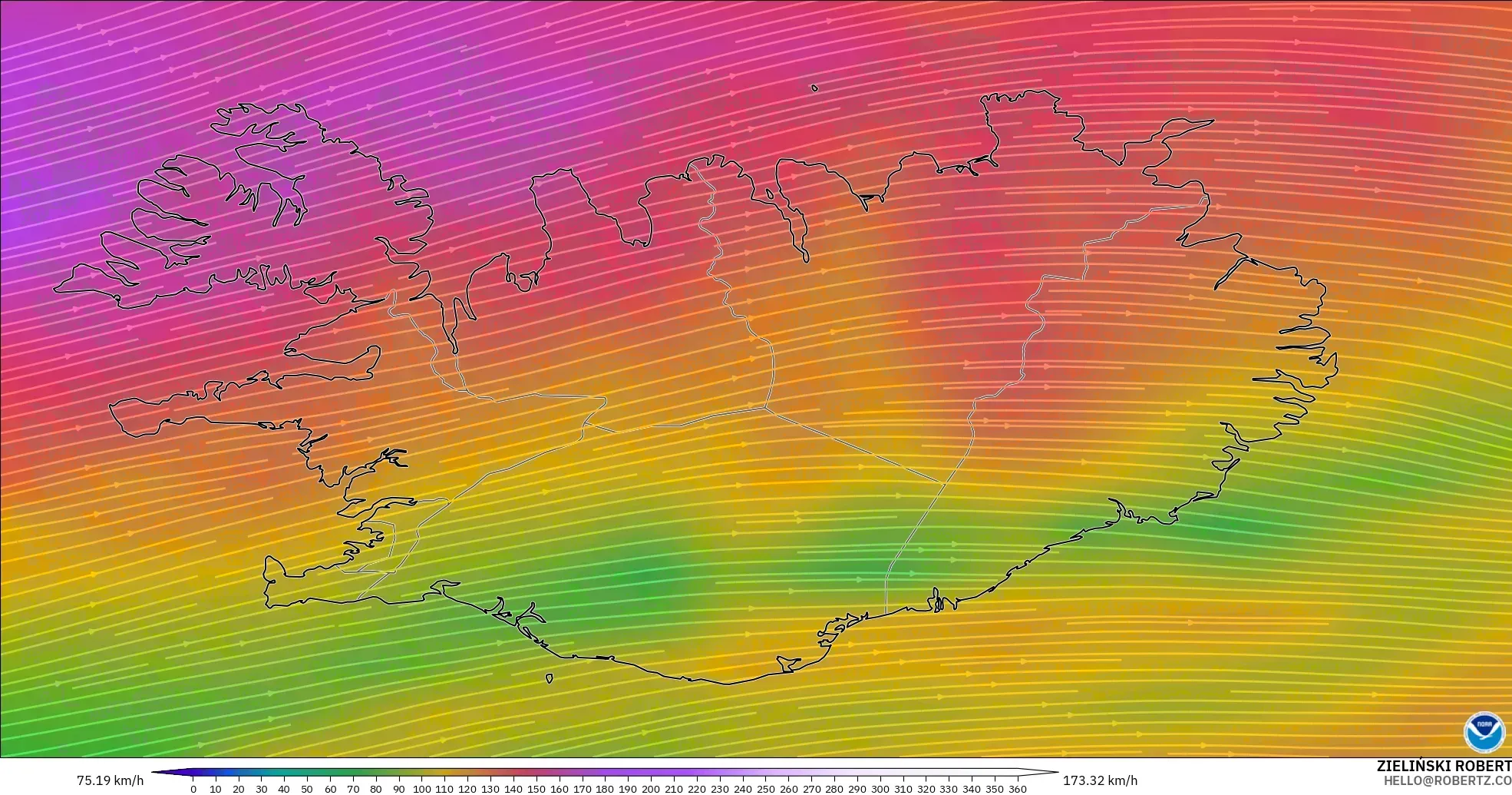 GFS モデル - アイスランド, 風速（300hPa）
