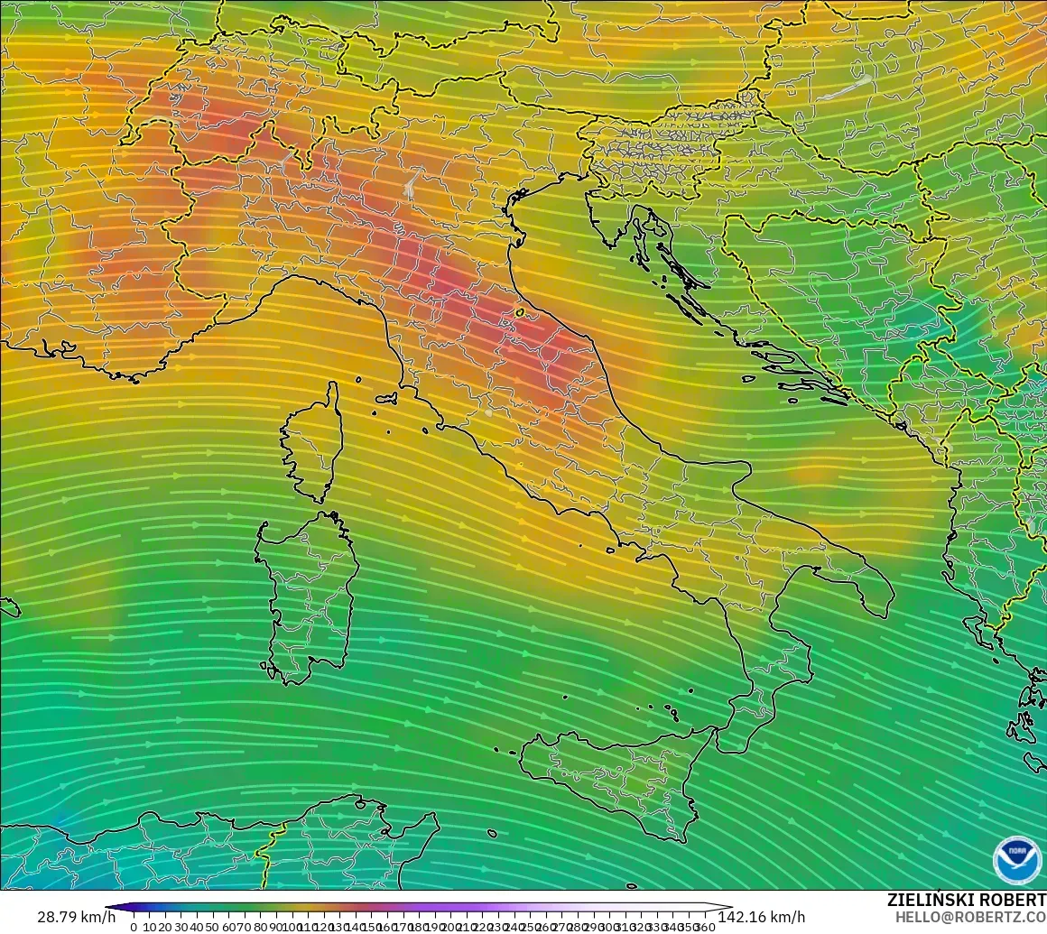 GFS モデル - イタリア, 風速（300hPa）