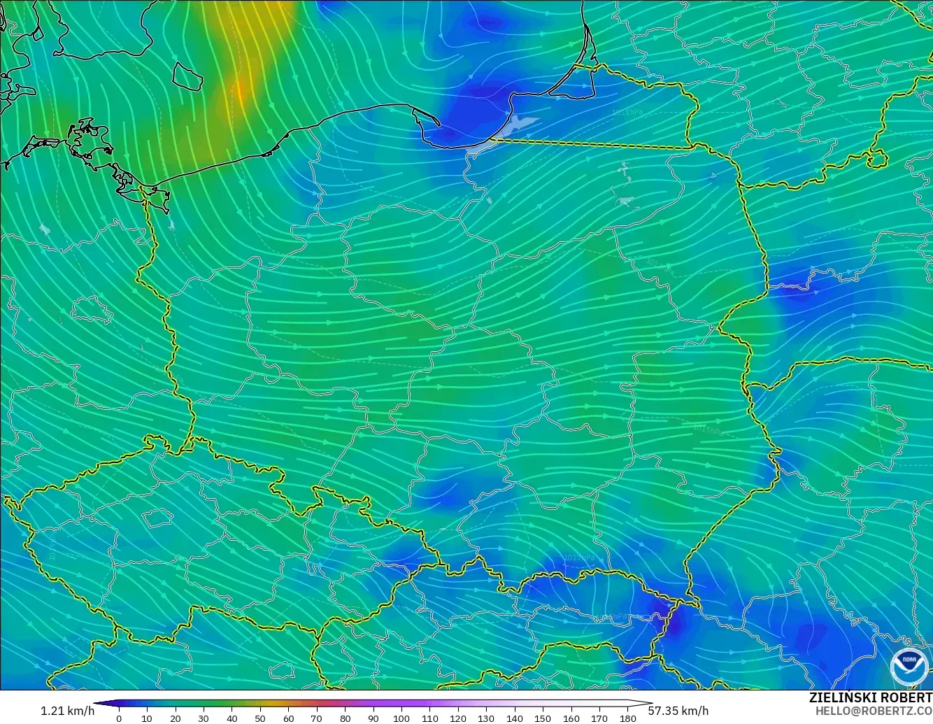 GFS モデル - ポーランド, 風速（10m）