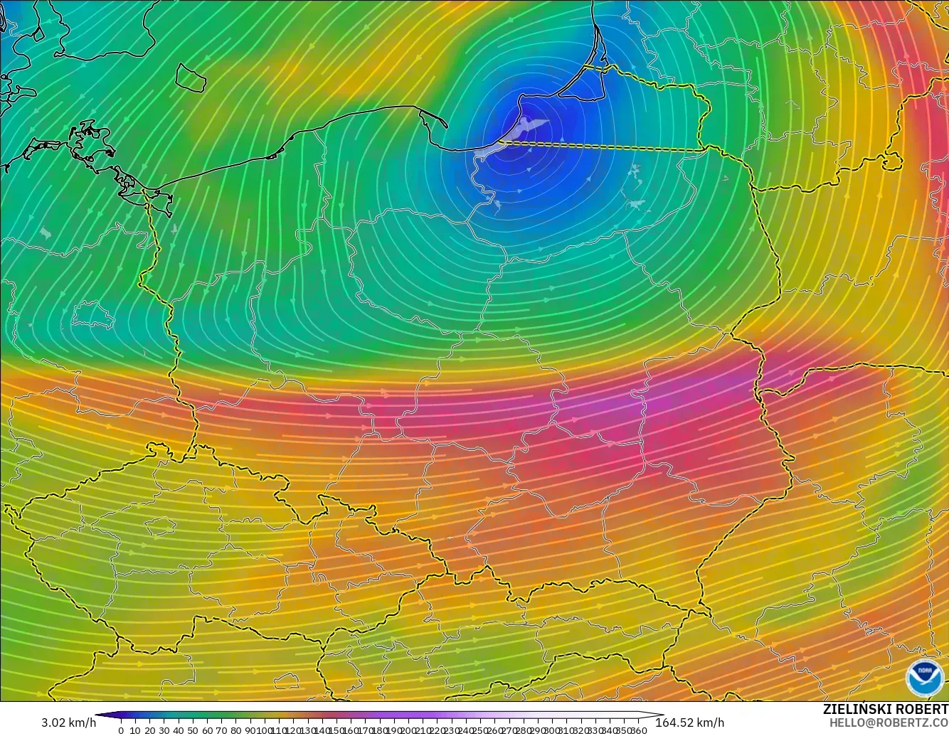 GFS モデル - ポーランド, 風速（300hPa）