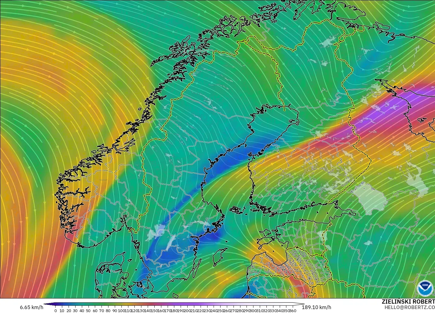 GFS モデル - スカンジナビア, 風速（300hPa）