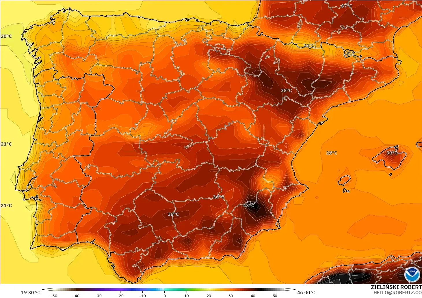 GFS モデル - スペイン, 気温（2m）