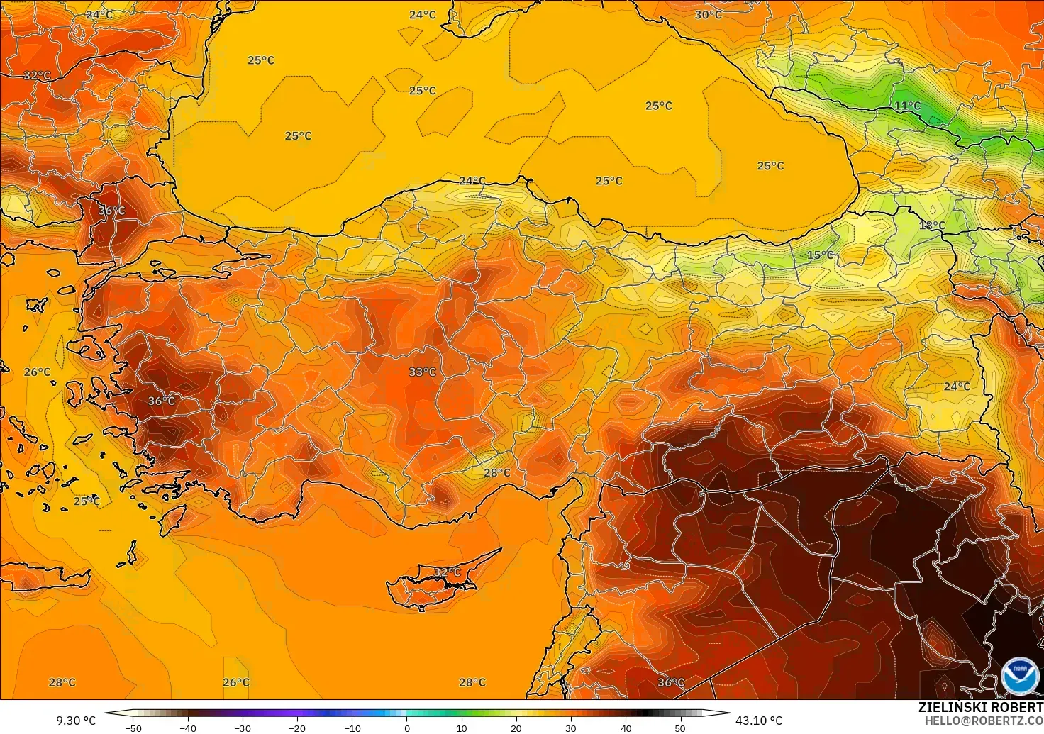 GFS モデル - トルコ, 気温（2m）