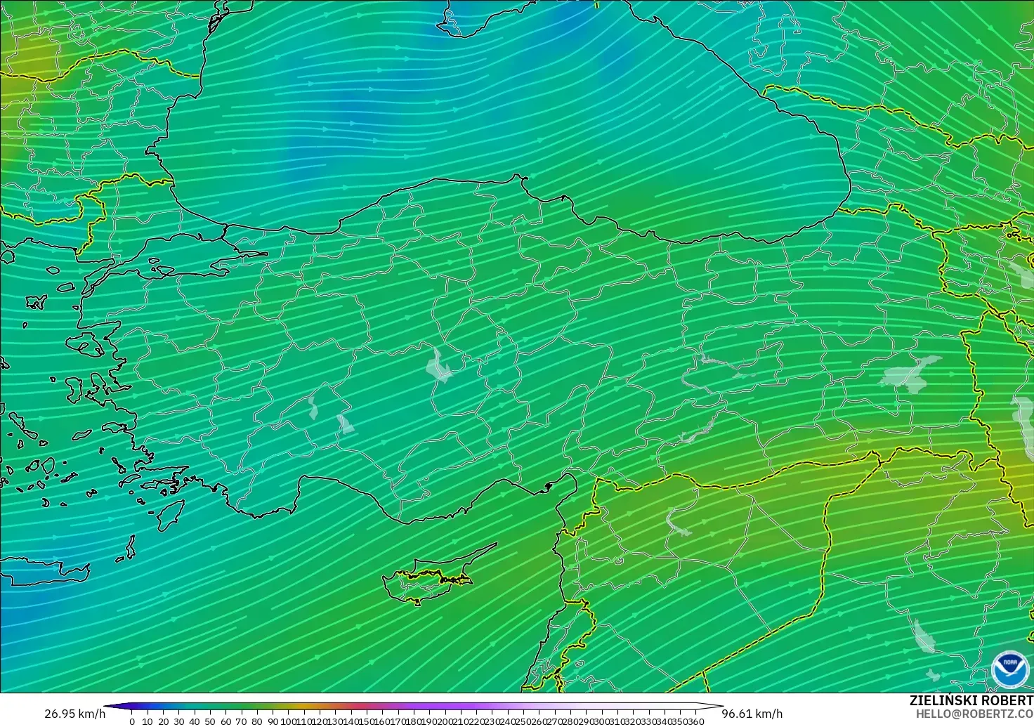 GFS モデル - トルコ, 風速（300hPa）