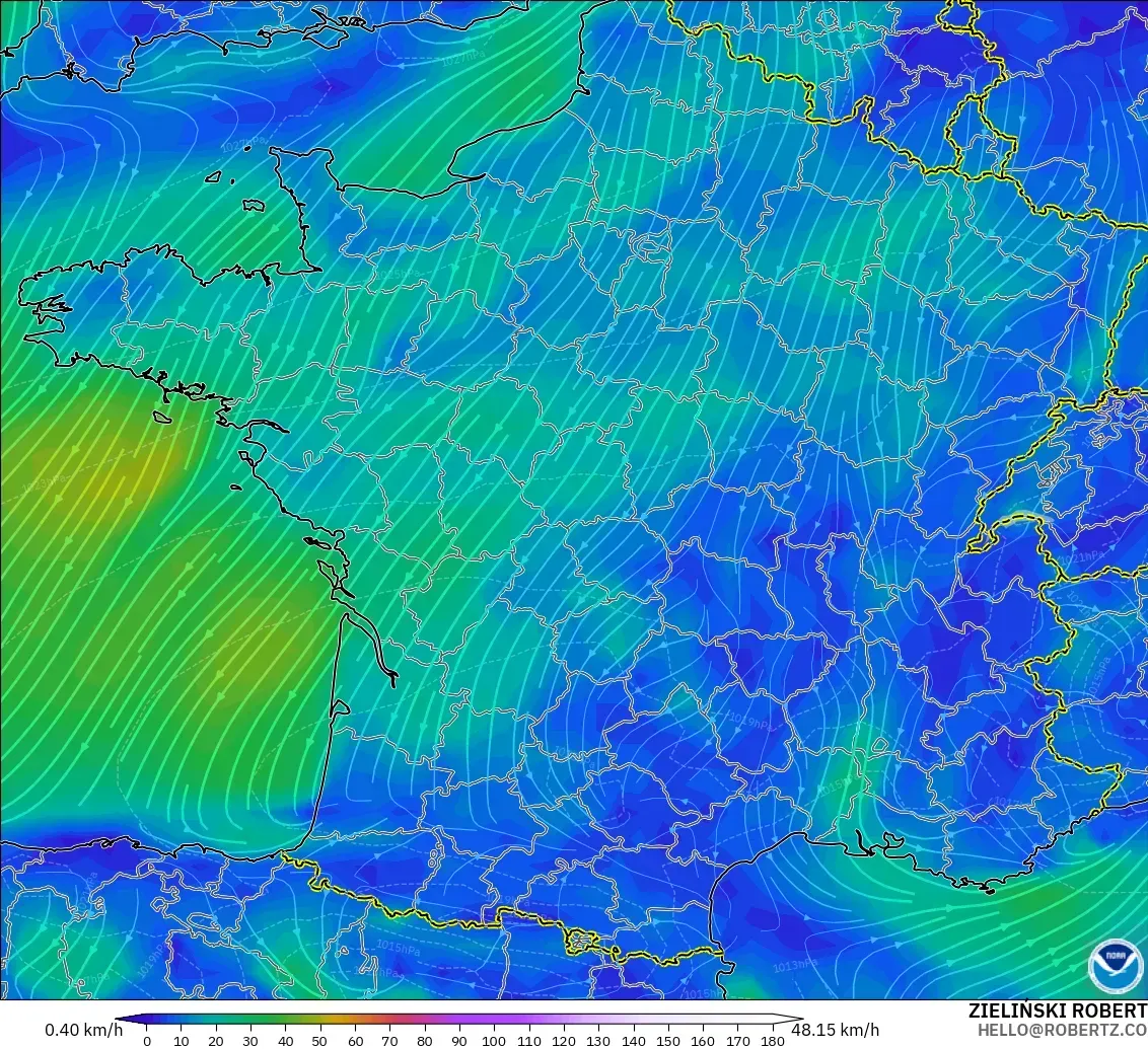 GFS モデル - フランス, 風速（10m）