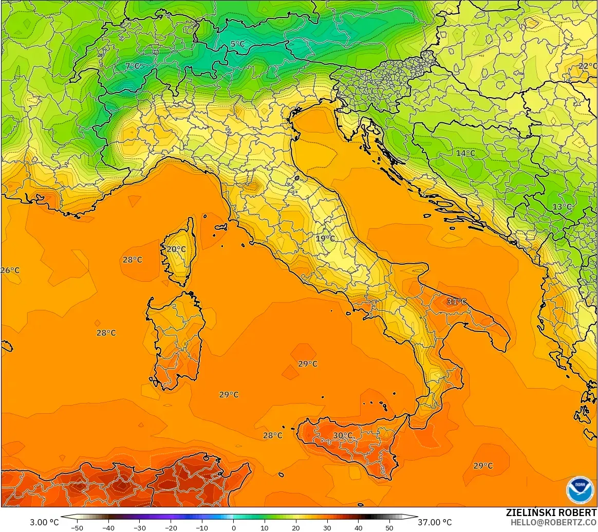 GFS モデル - イタリア, 気温（2m）