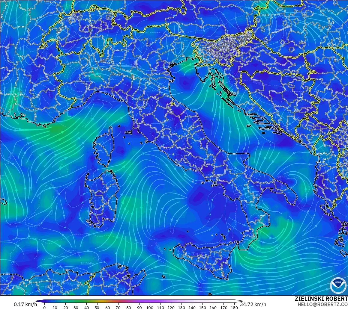 GFS モデル - イタリア, 風速（10m）