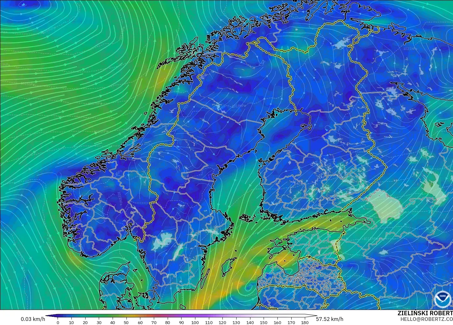 GFS モデル - スカンジナビア, 風速（10m）