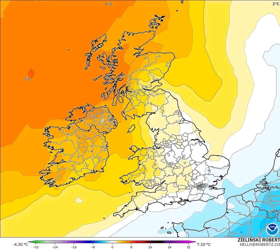 GFS モデル - イギリス, 気温異常（850hPa）
