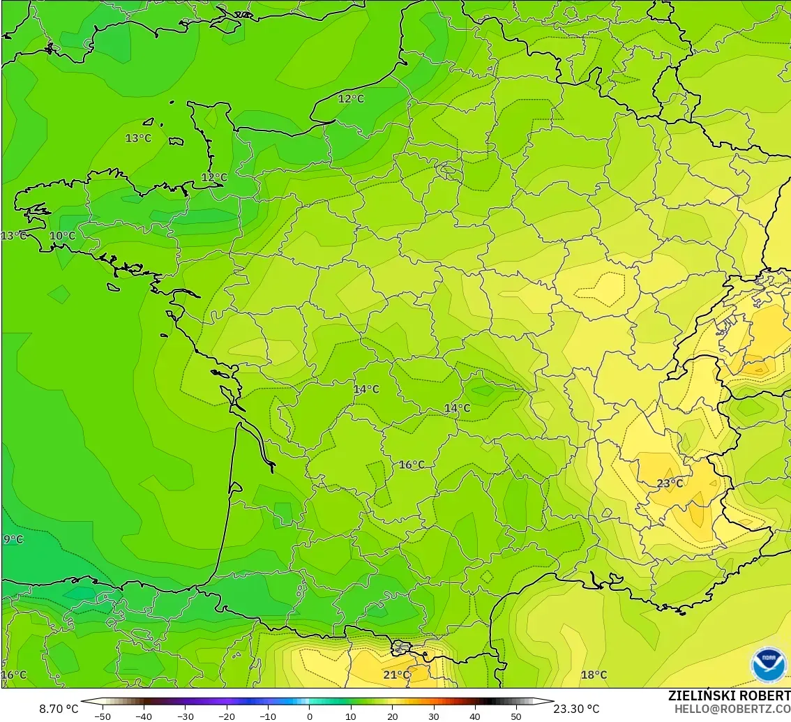 GFS モデル - フランス, 気温（850hPa）
