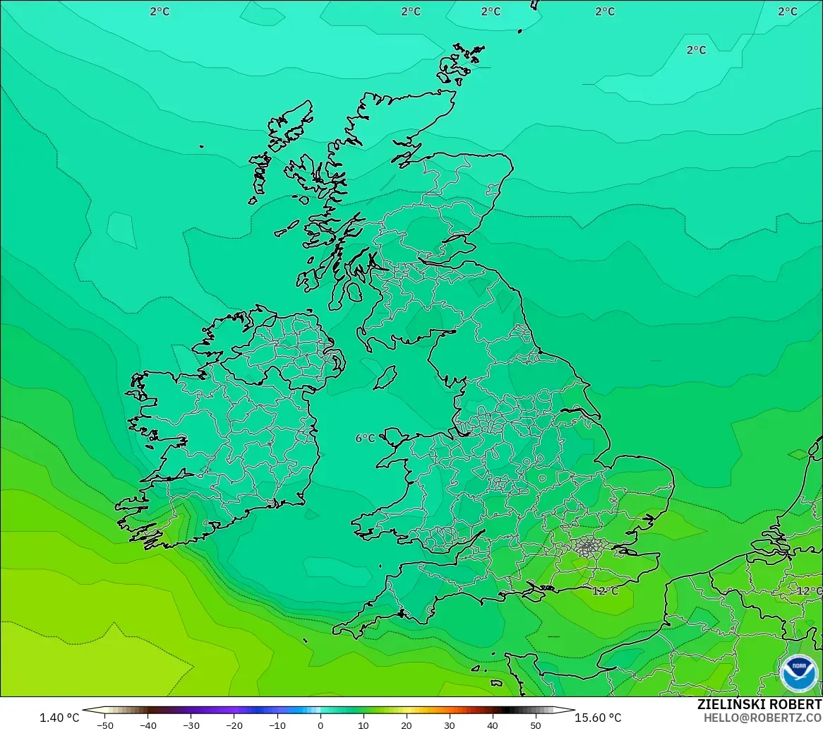 GFS モデル - イギリス, 気温（850hPa）