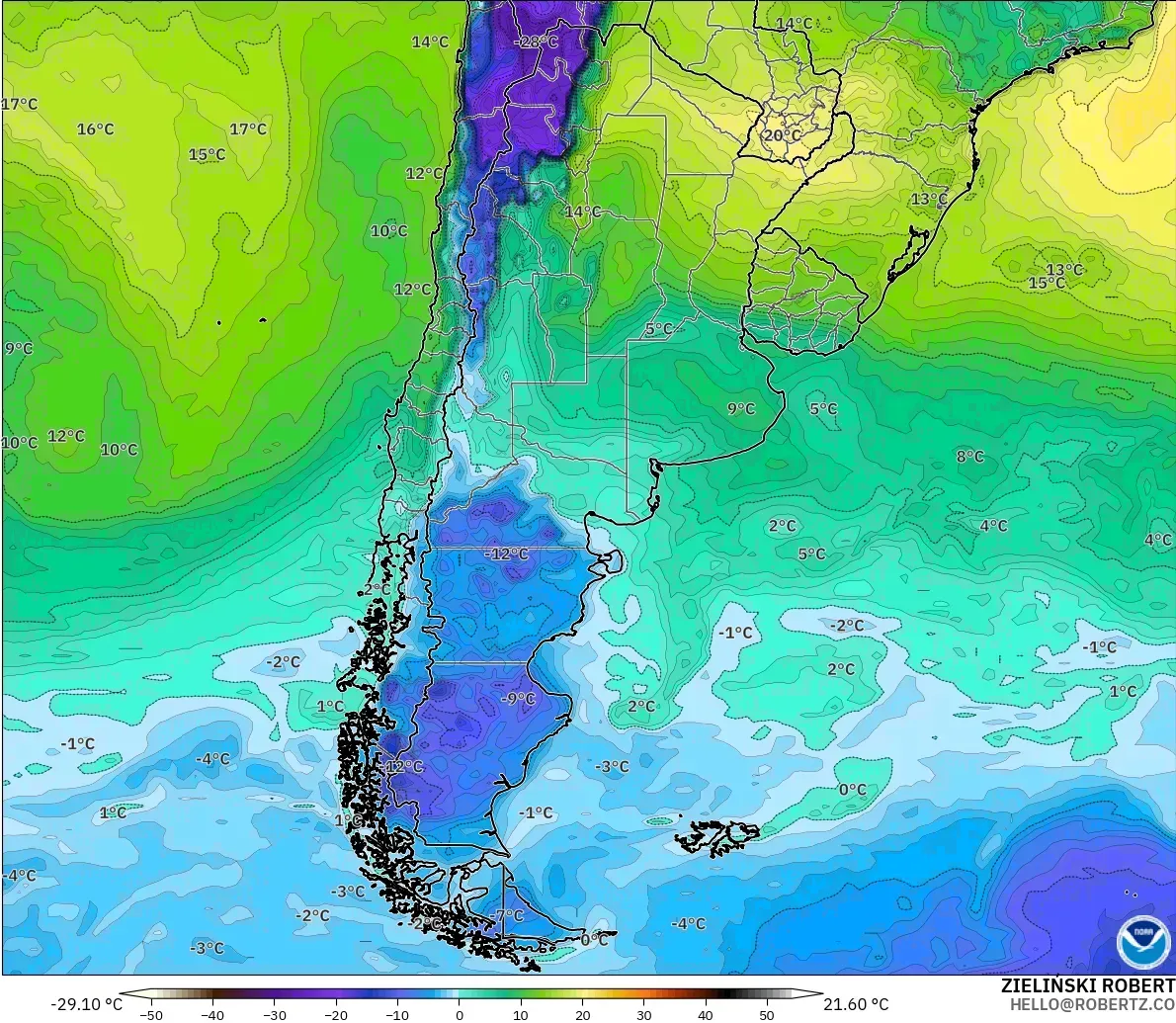 GFS モデル - アルゼンチン, 露点温度（2m）