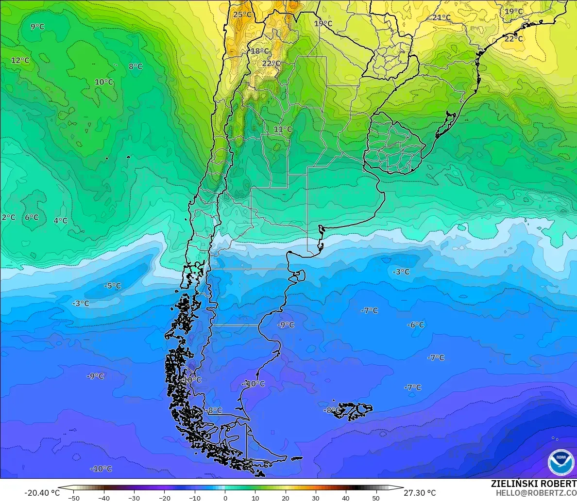GFS モデル - アルゼンチン, 気温（850hPa）