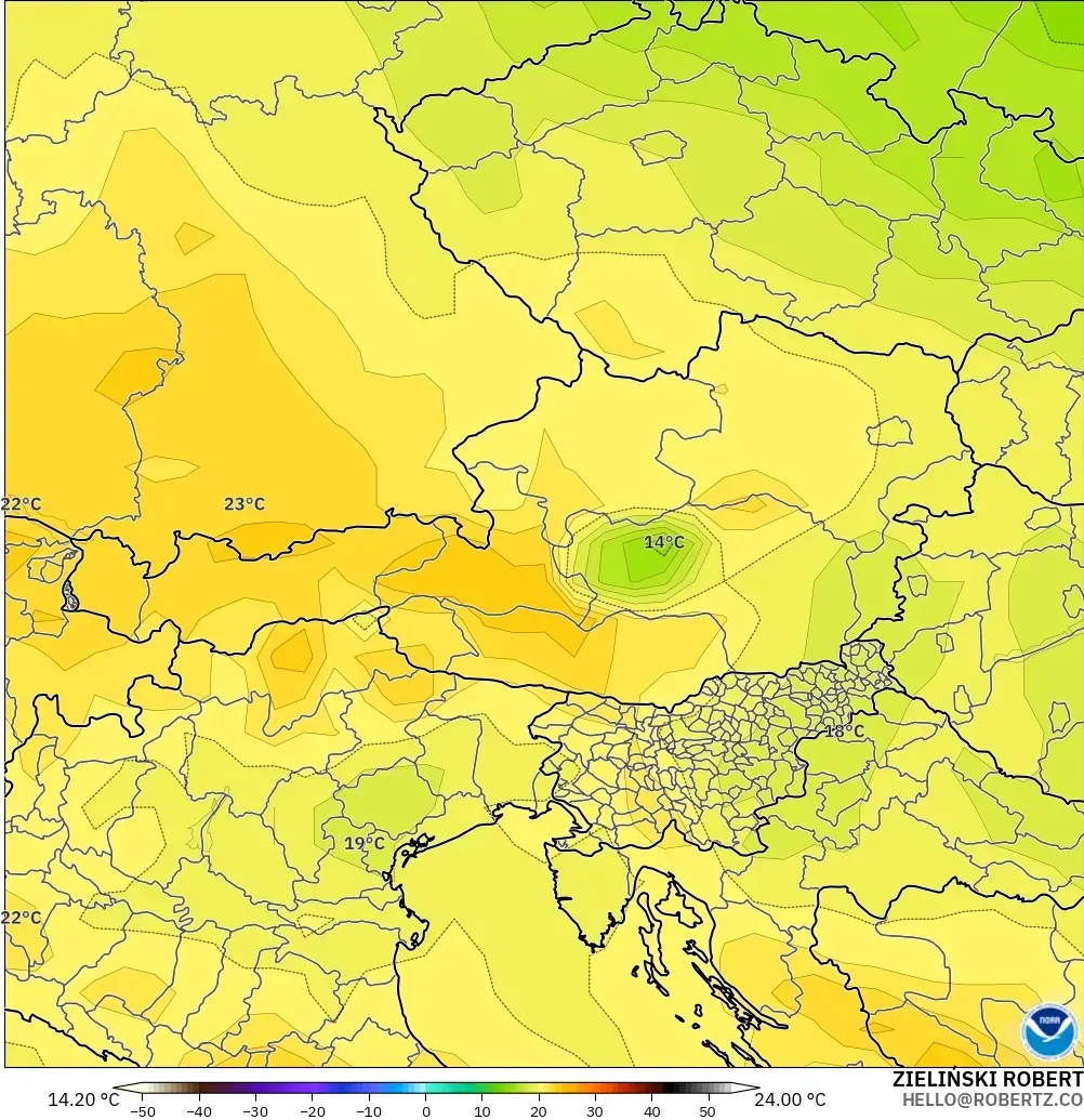 GFS モデル - オーストリア, 気温（850hPa）