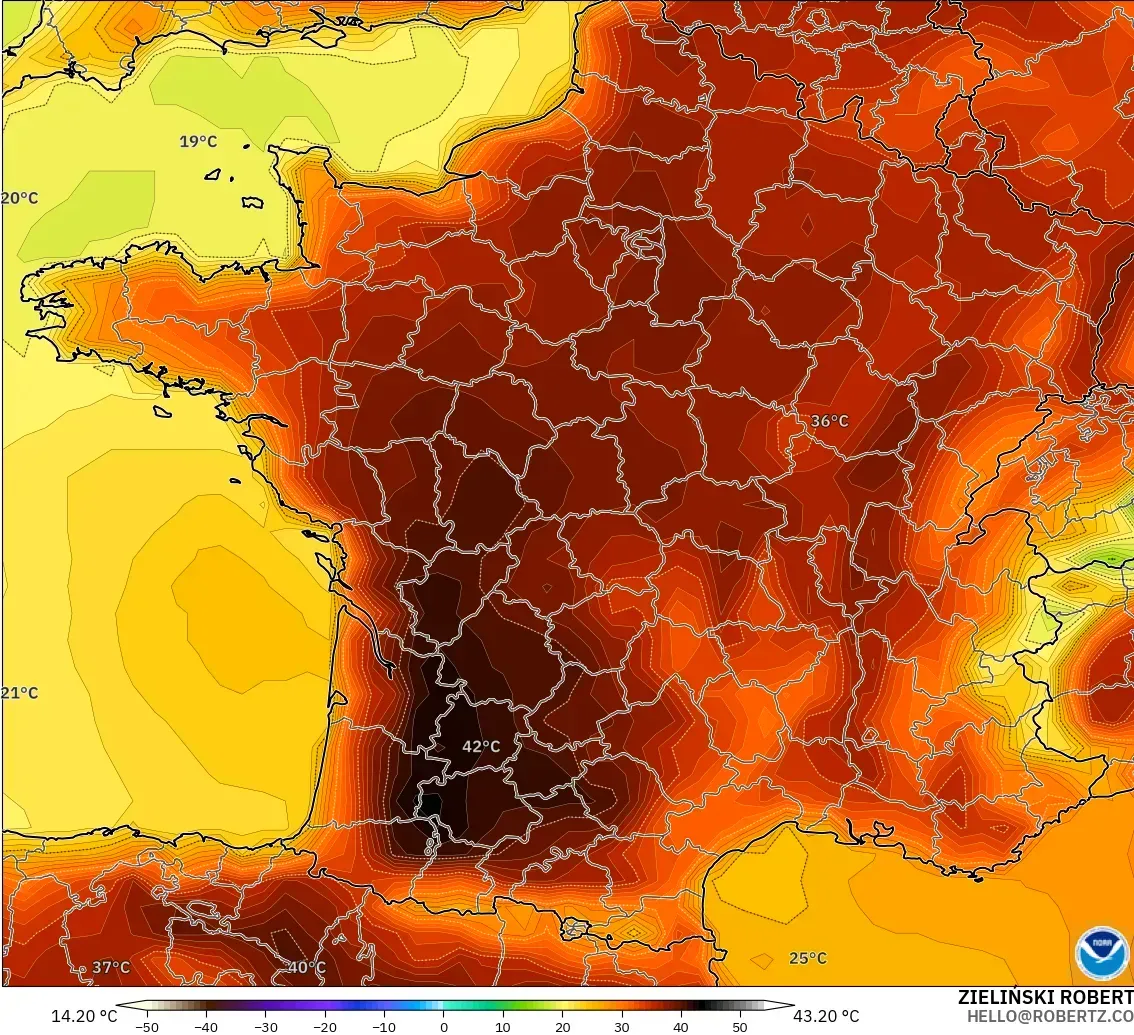 GFS モデル - フランス, 気温（2m）