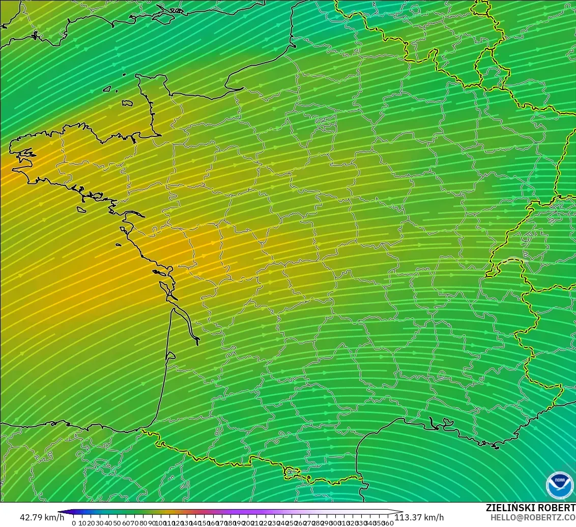 GFS モデル - フランス, 風速（300hPa）