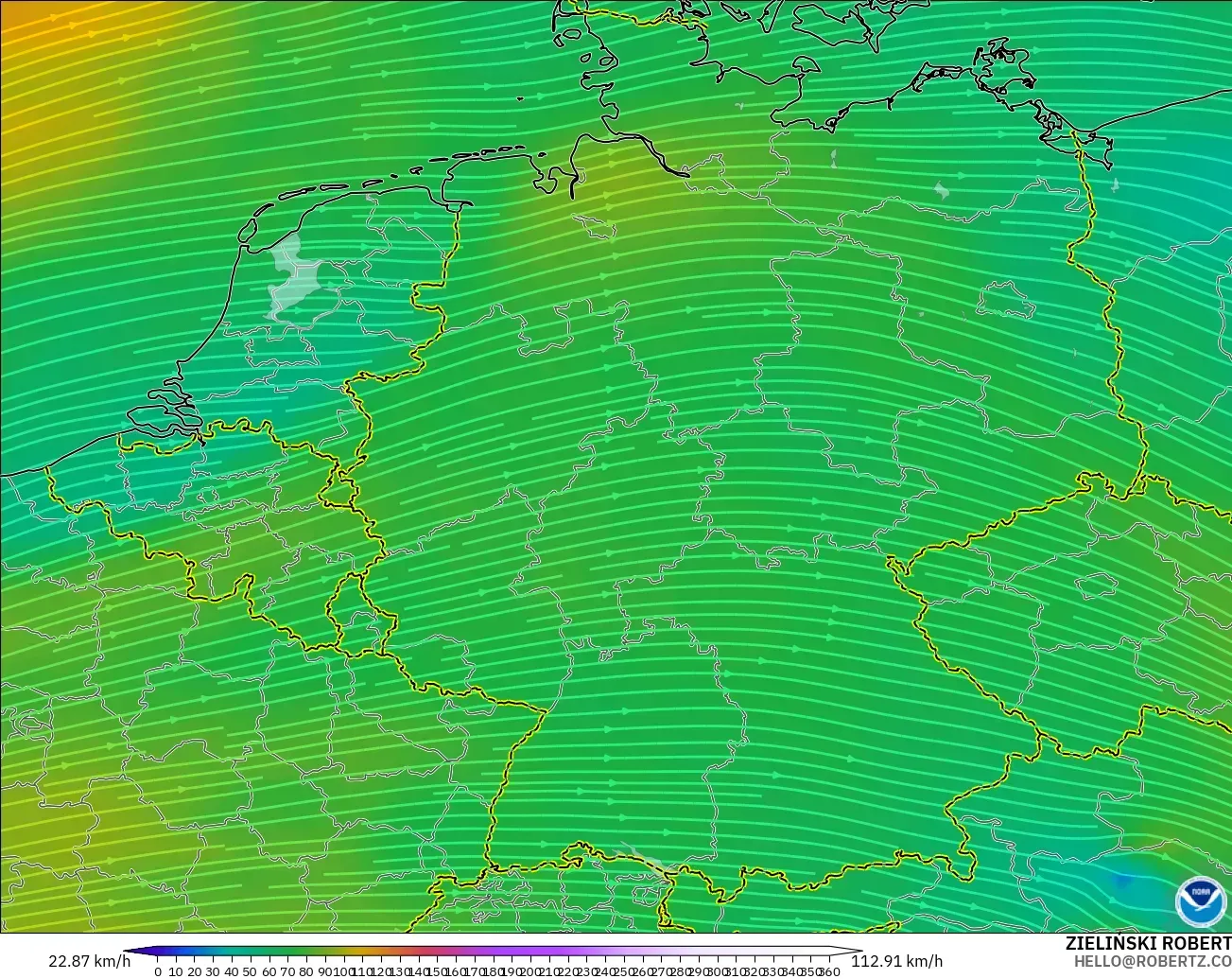 GFS モデル - ドイツ, 風速（300hPa）