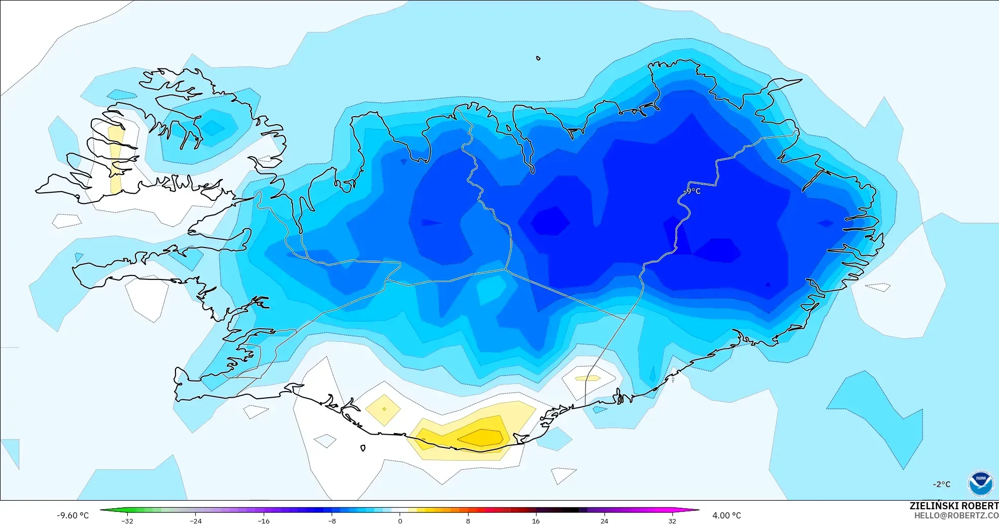 GFS モデル - アイスランド, 気温異常（2m）