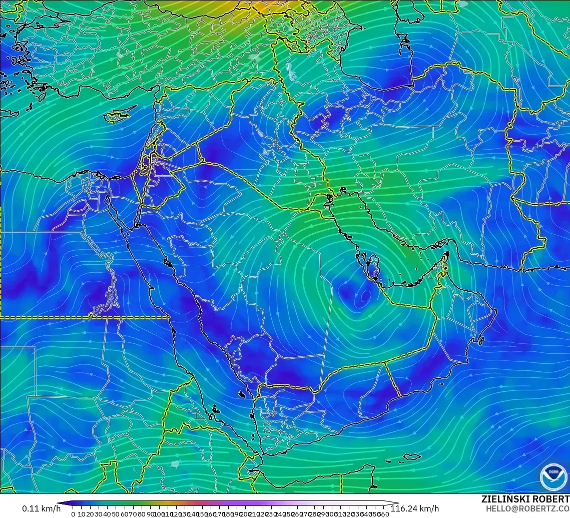 GFS モデル - 中東, 風速（300hPa）
