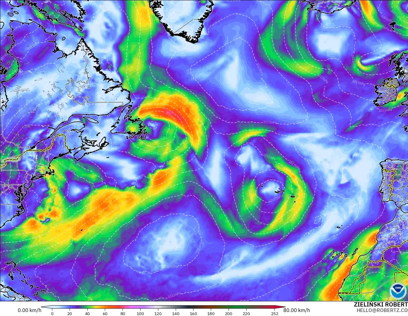 GFS モデル - 北大西洋, 突風（最大）