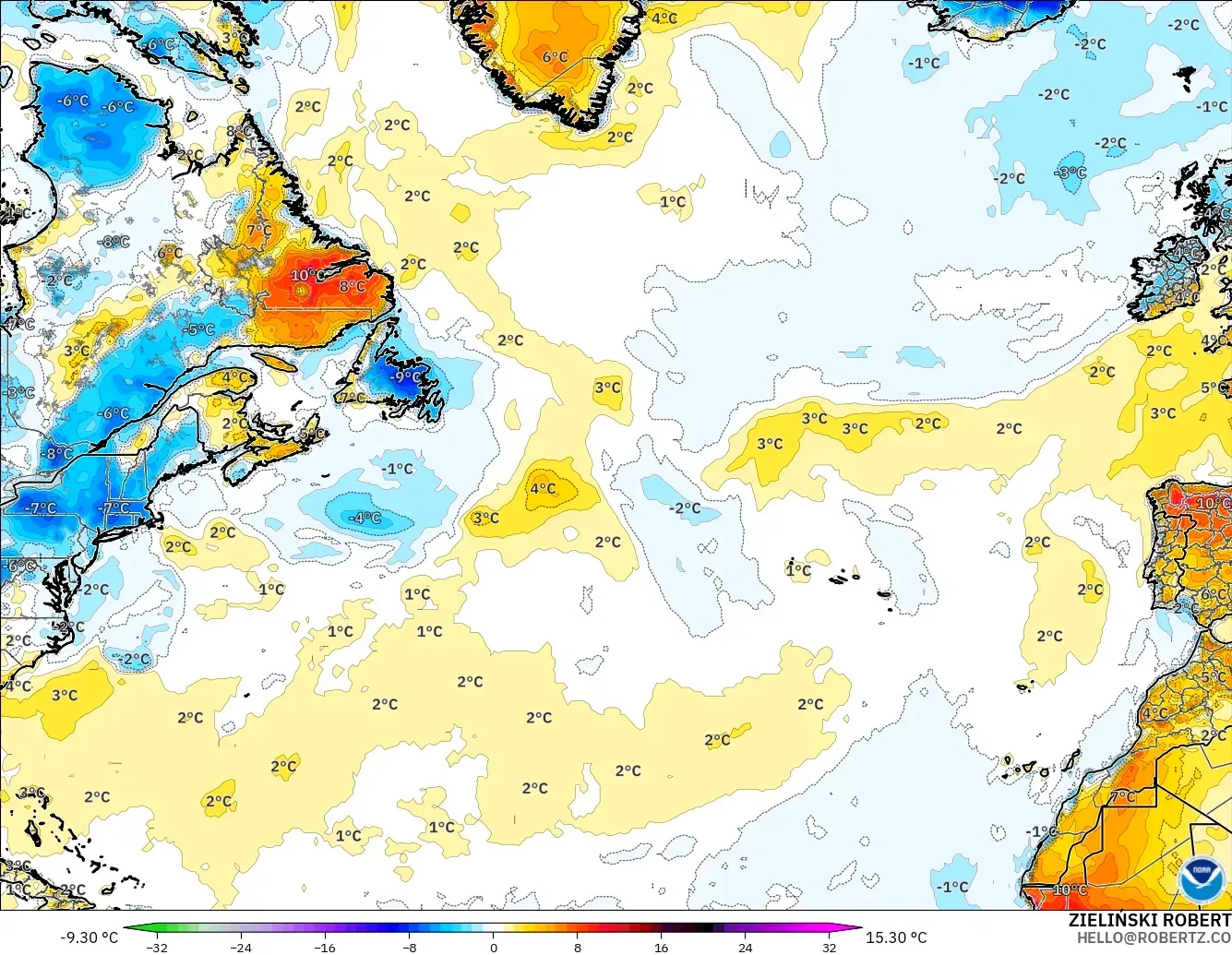 GFS モデル - 北大西洋, 気温異常（2m）