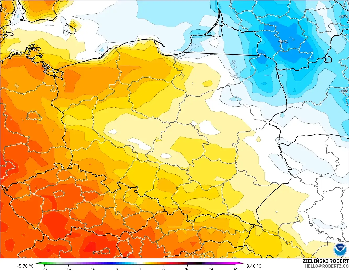 GFS モデル - ポーランド, 気温異常（2m）