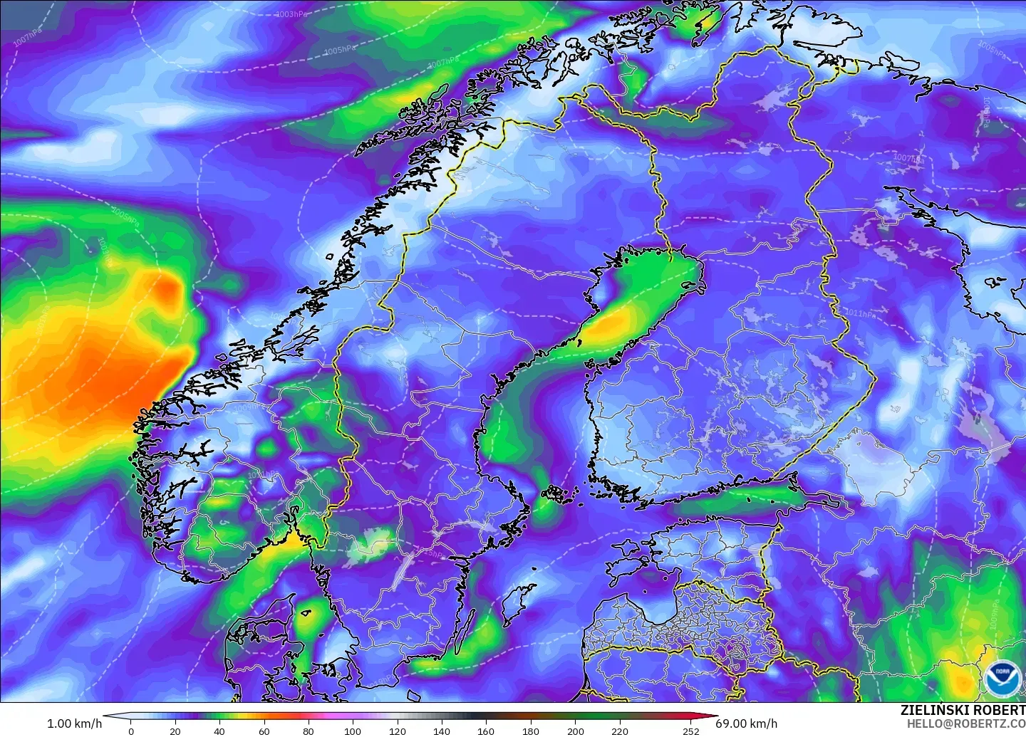 GFS モデル - スカンジナビア, 突風（最大）