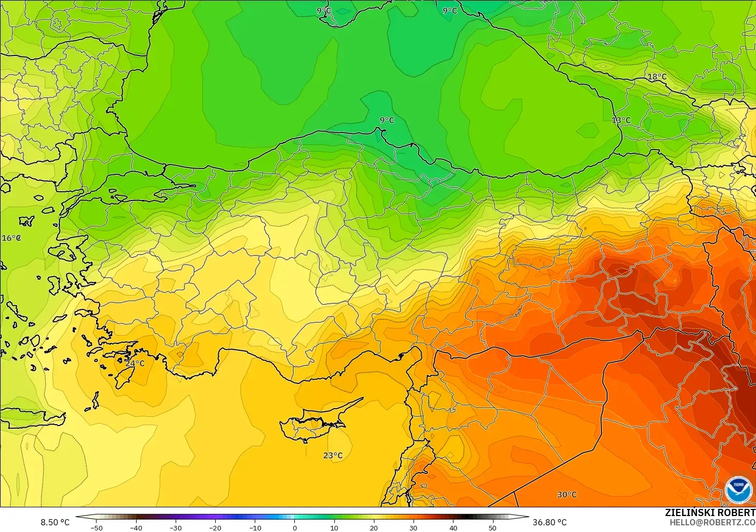 GFS モデル - トルコ, 気温（850hPa）