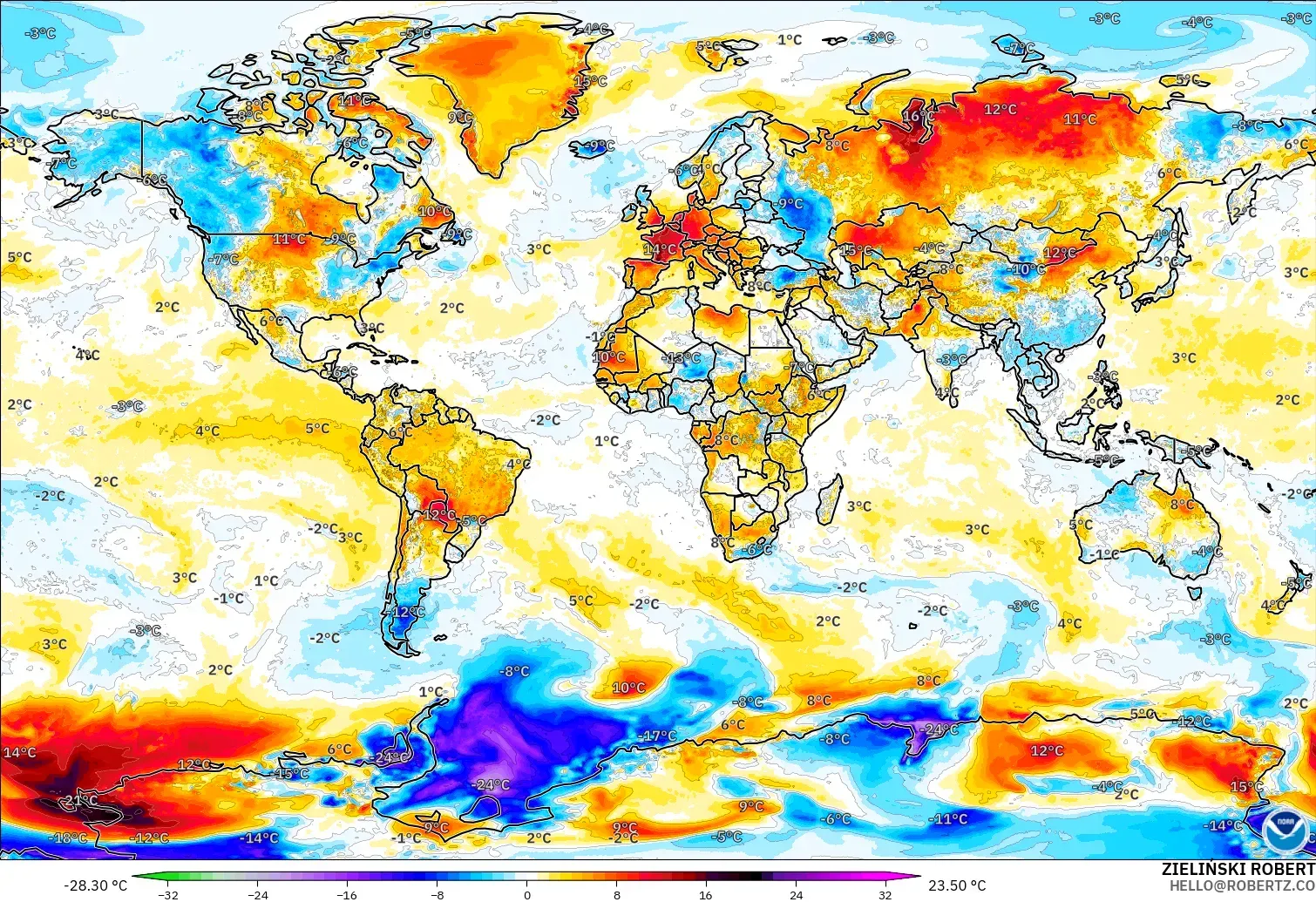 GFS モデル - 世界, 気温異常（2m）