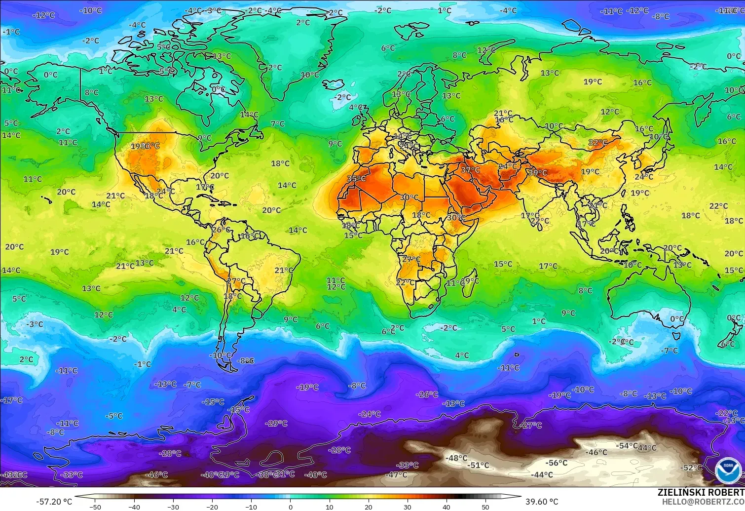 GFS モデル - 世界, 気温（850hPa）