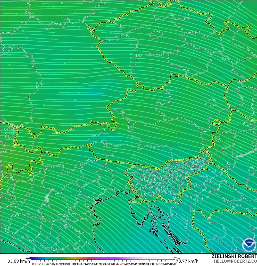 GFS モデル - オーストリア, 風速（300hPa）