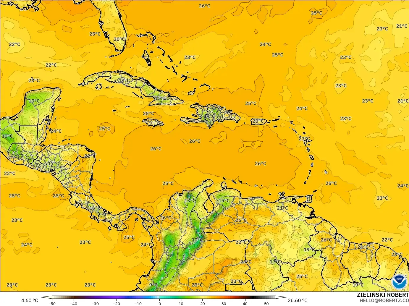 GFS モデル - カリブ海, 露点温度（2m）