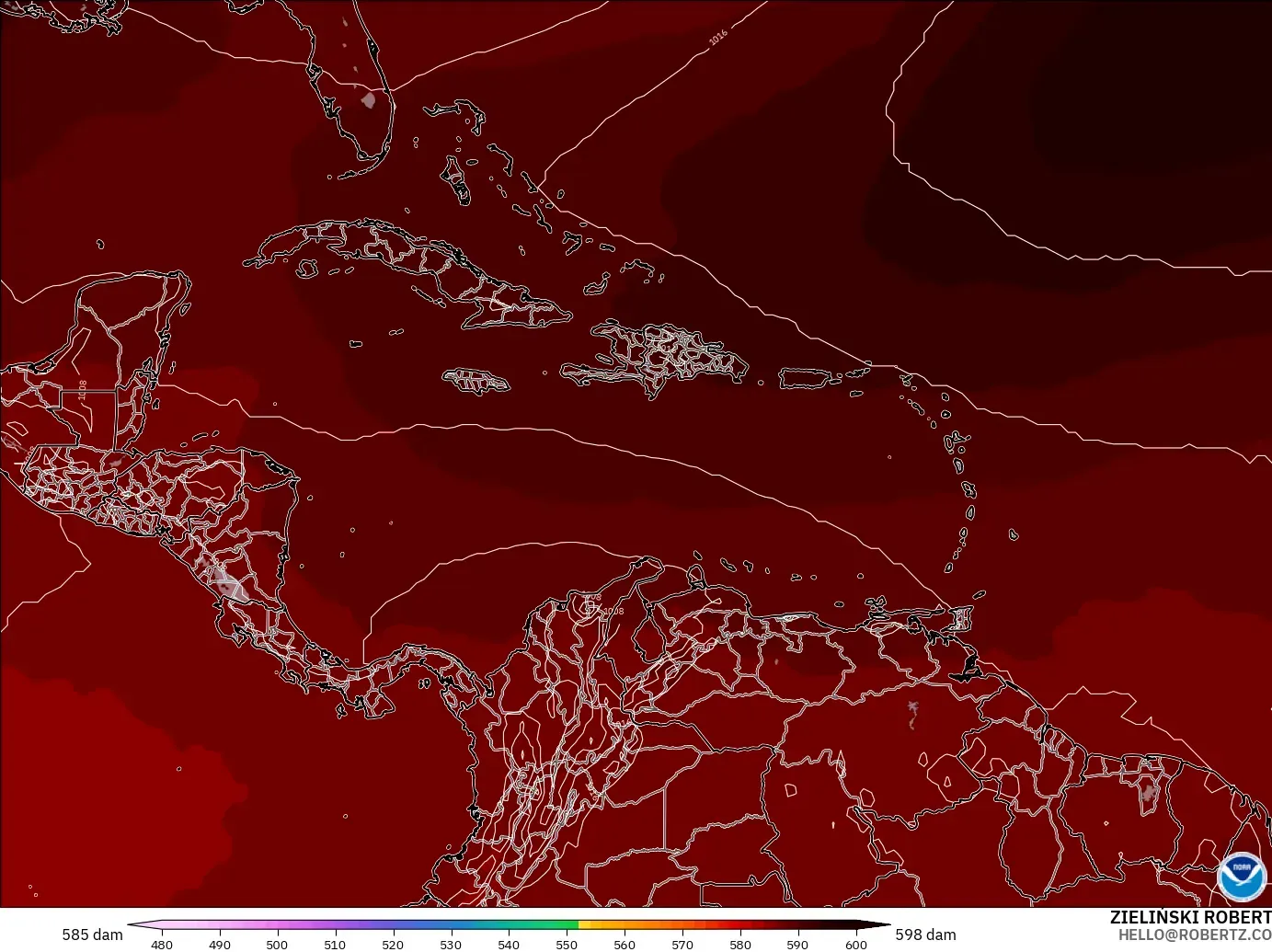 GFS モデル - カリブ海, 500hPaのジオポテンシャル高度