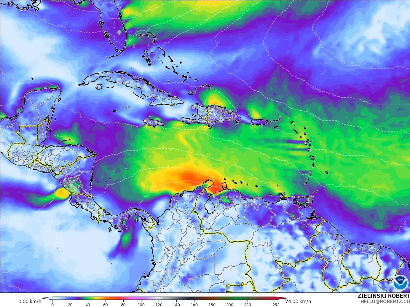 GFS モデル - カリブ海, 突風（最大）