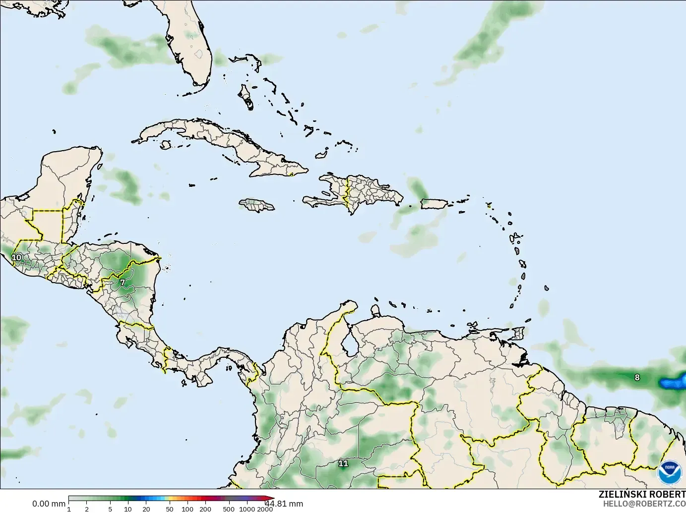 GFS モデル - カリブ海, 降水量の合計