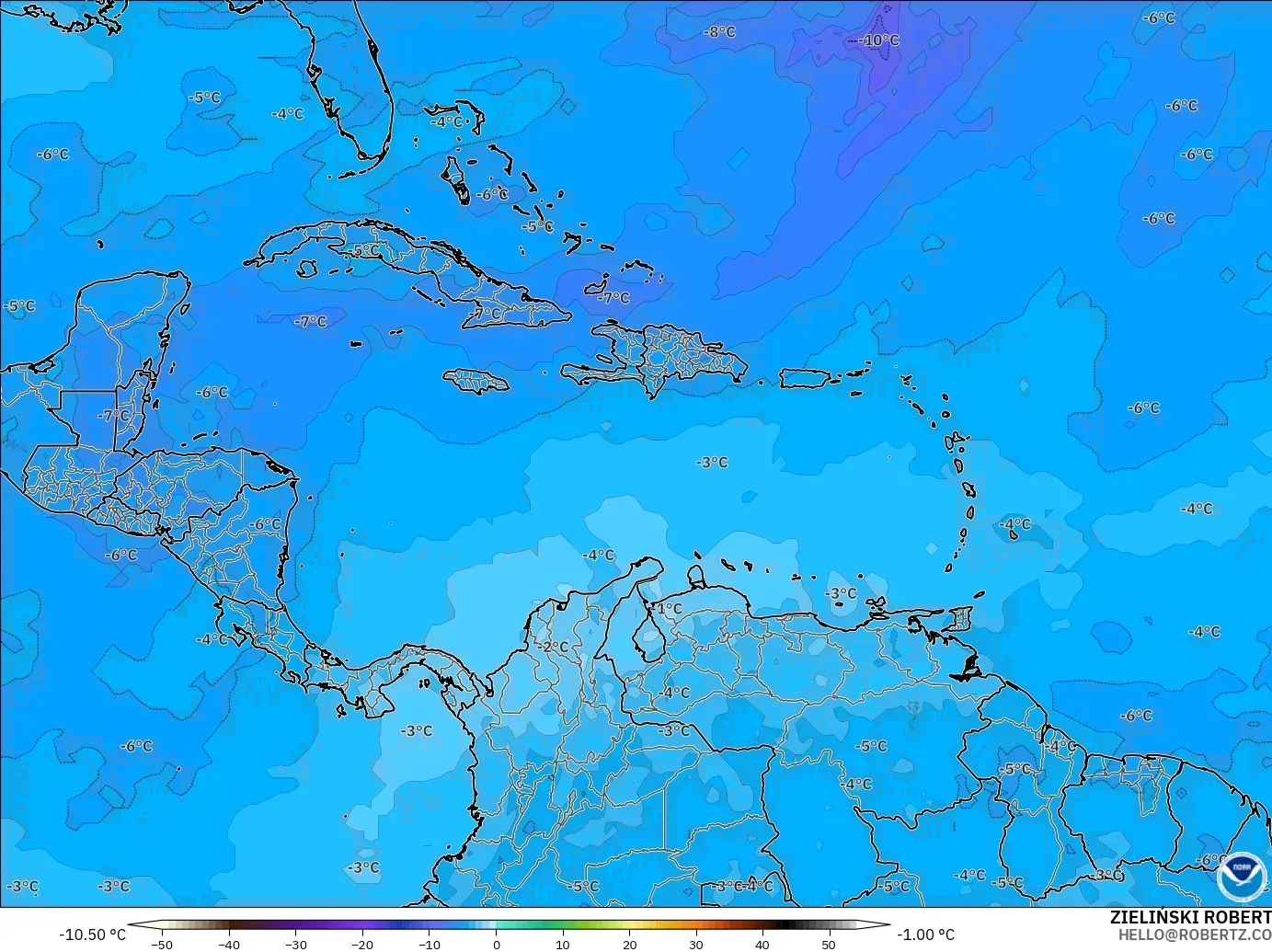 GFS モデル - カリブ海, 気温（500hPa）