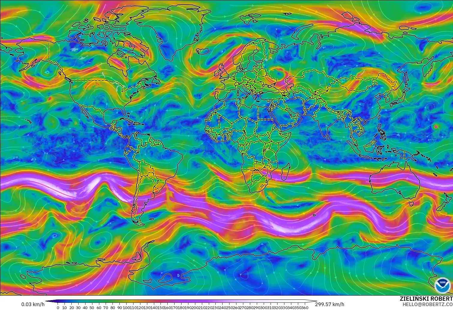 GFS モデル - 世界, 風速（300hPa）
