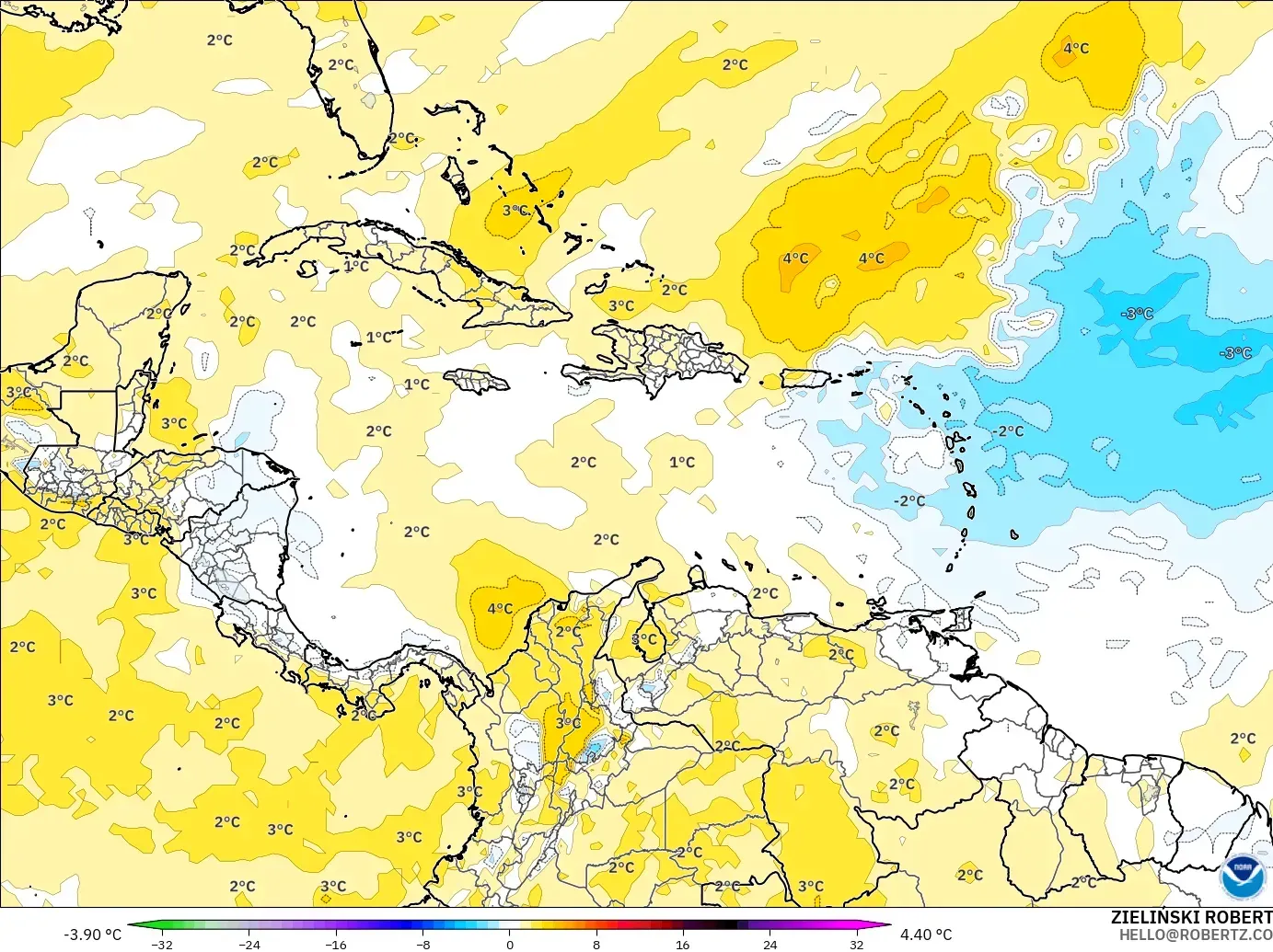 GFS モデル - カリブ海, 気温異常（850hPa）