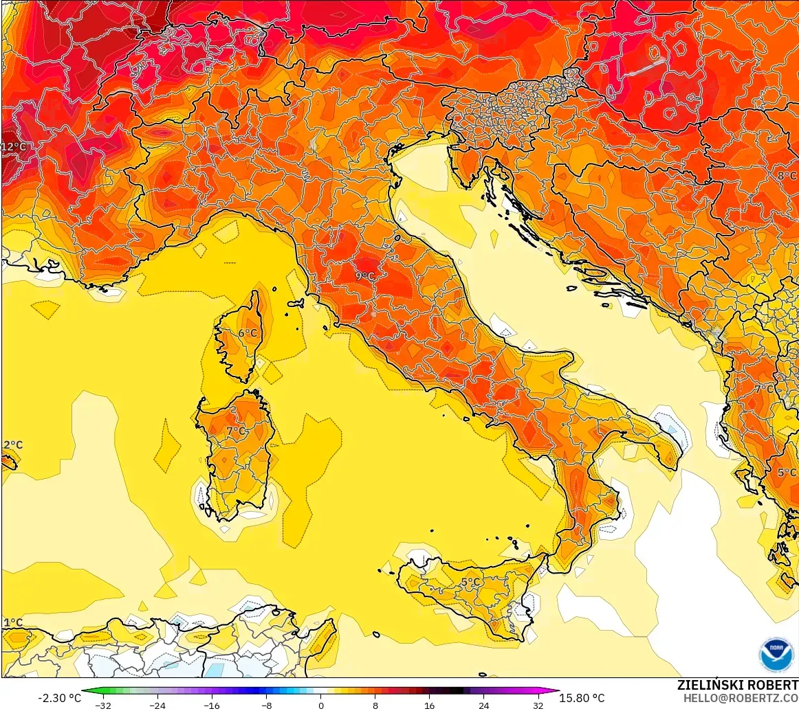 GFS モデル - イタリア, 気温異常（2m）