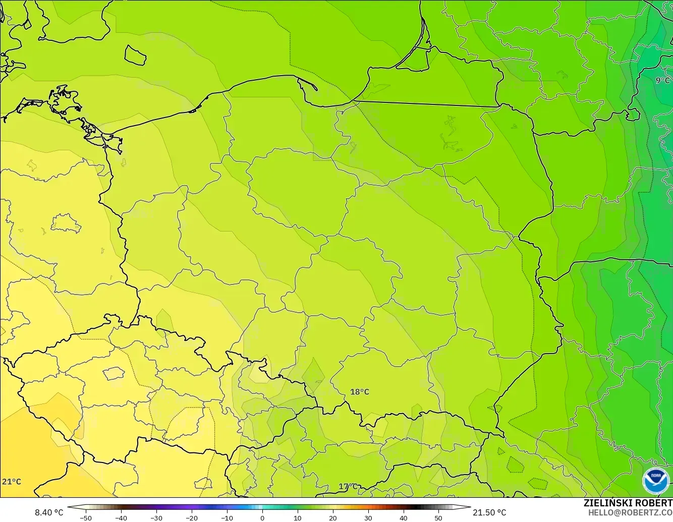 GFS モデル - ポーランド, 気温（850hPa）